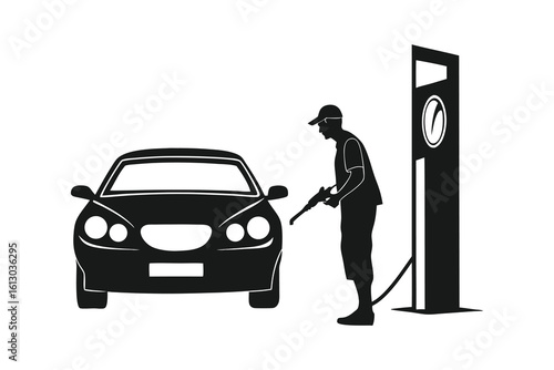 Silhouette of a person in a cap fueling a car at a gas station with a price sign isolated on white background