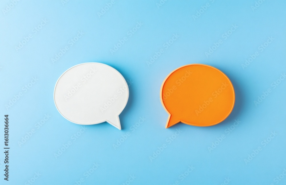 White and orange dialogs on blue background. Flat lay top view, discussion template. Communication concept, place for talk, idea and text White and orange dialogs on blue background. Flat lay top view, discussion template. Communication concept, place for talk, idea and text