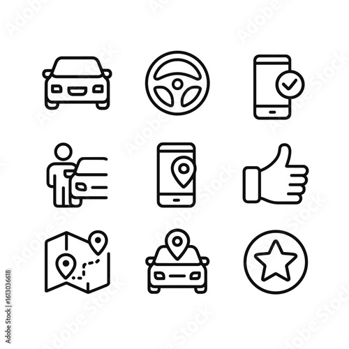 Rideshare transportation vector icon collection. Outline symbols. Line design