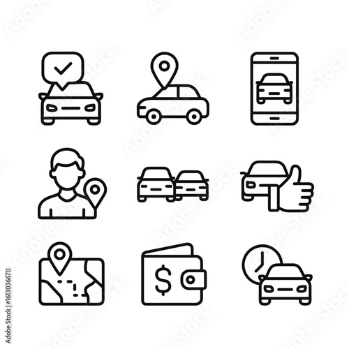 Mobile rideshare app vector icons. Outline symbols. Line design