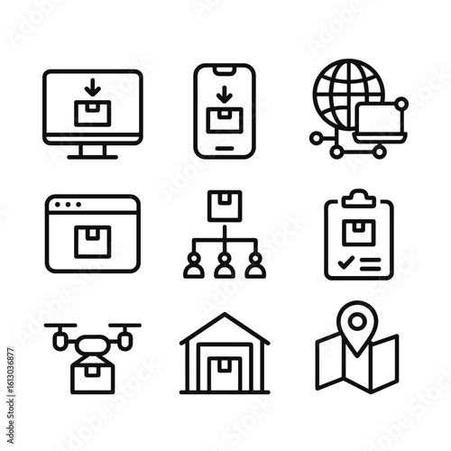 Digital logistics management icons vector. Outline symbols. Line design
