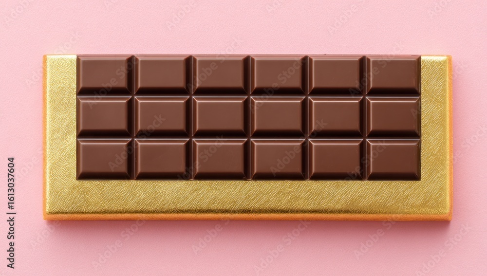 Obraz premium Rectangular milk chocolate bar, divided into 16 sections, resting on a shimmering gold-colored wrapper against a soft pink background. Top-down perspective
