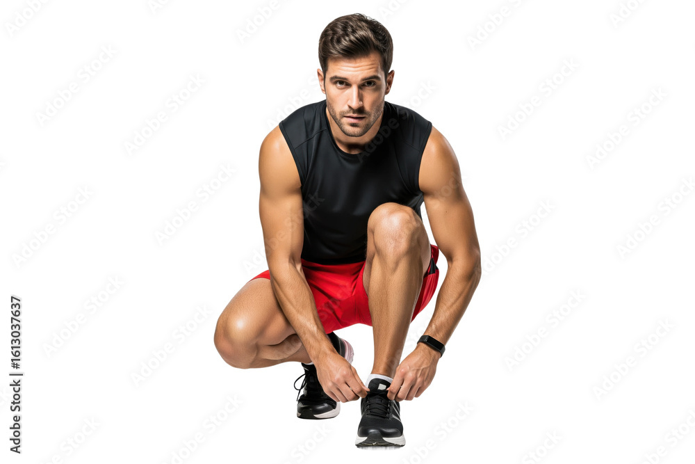 Fototapeta premium Focused man in athletic wear tying his shoelaces before a workout