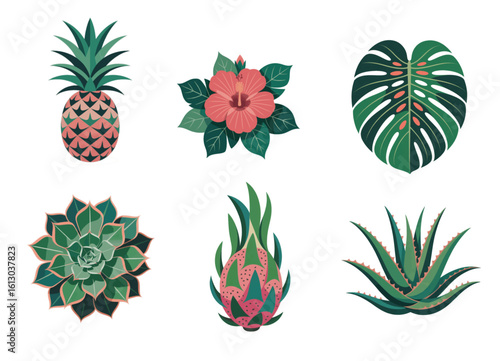 Tropical plants and fruits vector set with pineapple, hibiscus, monstera etc, isolated on a transparent background