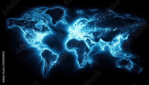 A glowing, ethereal world map, outlined in bright blue light against a stark black background, giving a sense of interconnectedness and digital representation