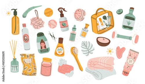 Cosmetic beauty products in bottles, jars set. Body, face care, skincare hygiene essences. Cream, foam for washing, scrub, soap, sheet mask, spf spray, serum. Skincare routine concept. Vector design