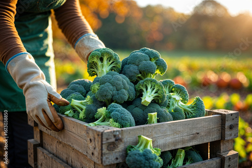 Freshly harvested broccoli fills a wooden crate on a sunny autumn day at the farm.