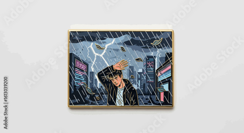 A Young Man Shielding His Face from a Storm in the City