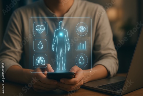 Person holding smartphone with glowing digital health monitoring interface showing human body scan heart rate blood analysis breathing eye test and wellness statistics