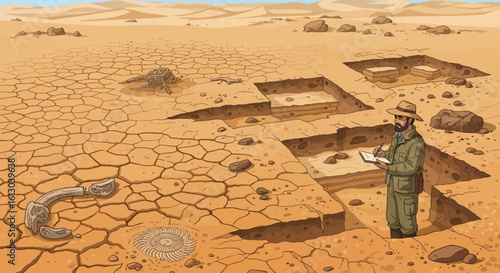 An Archaeologist Documenting Fossil Finds in a Desert Excavation Site.