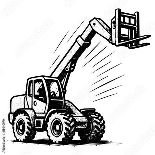 Telehandler Fork Truck – Halftone Sketch of Versatile Construction Lifter