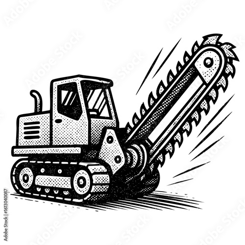 Trencher Vehicle Comic Vector – Halftone Construction Cutting Machine Illustration
