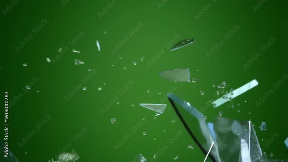 Shattered glass explodes against green screen background with dramatic slow motion effect, creating dynamic fracture patterns for impact and destruction themes