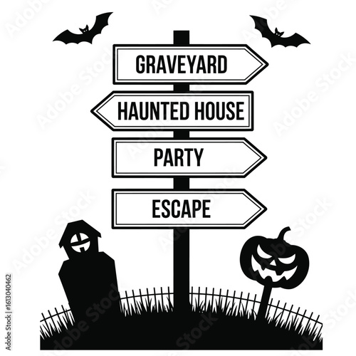 Black and white vector Halloween directional sign bundle with arrows pointing to graveyard, haunted house, party, forest, and escape routes