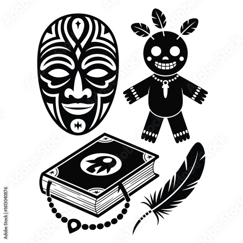 Black and white vector illustration of cursed artifact bundle with ancient mask, voodoo doll, dark book, cursed necklace, and black feather