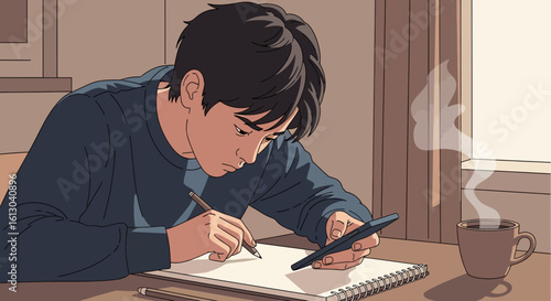 Anime-style student studies with a phone and coffee, focused on his work