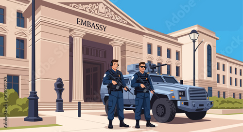 Armed Security Guards Standing Guard in Front of Embassy Building