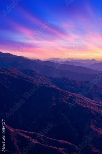 Beautiful landscape on the top of mountains with colorful sky,  Sunset at Sequoia National Park, California, USA	