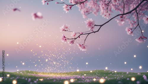 Cherry blossom branches with falling petals in dreamy pastel sky, ideal for decorative prints, storybook art, and peaceful designs.