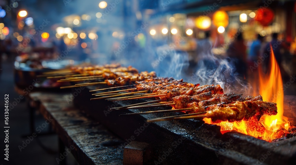 Skewered Meat Grilling Over Open Flame at Night Market Skewered Meat Grilling Over Open Flame at Night Market
