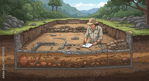 Archeologist meticulously documents artifacts at a layered excavation site, surrounded by lush greenery