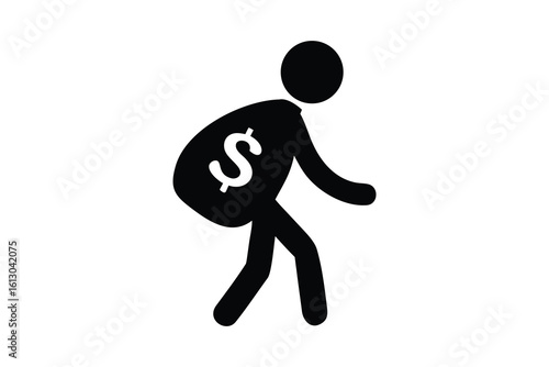 Silhouette of a person carrying a large bag with a dollar sign symbol isolated on white background