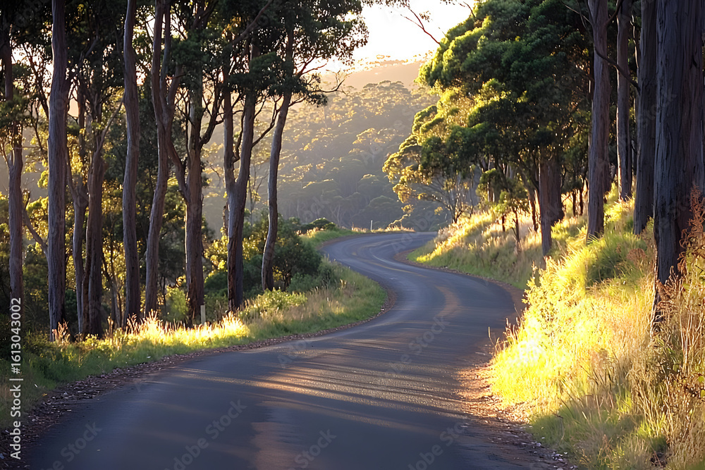 Obraz premium Scenic Winding Road Curves Through Lush Green Forest at Golden Sunset