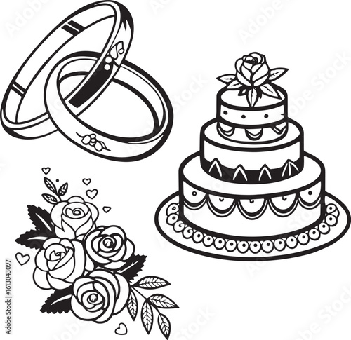  Wedding Celebration Black and White Line Art Set - Rings, Cake, and Floral Bouquet
