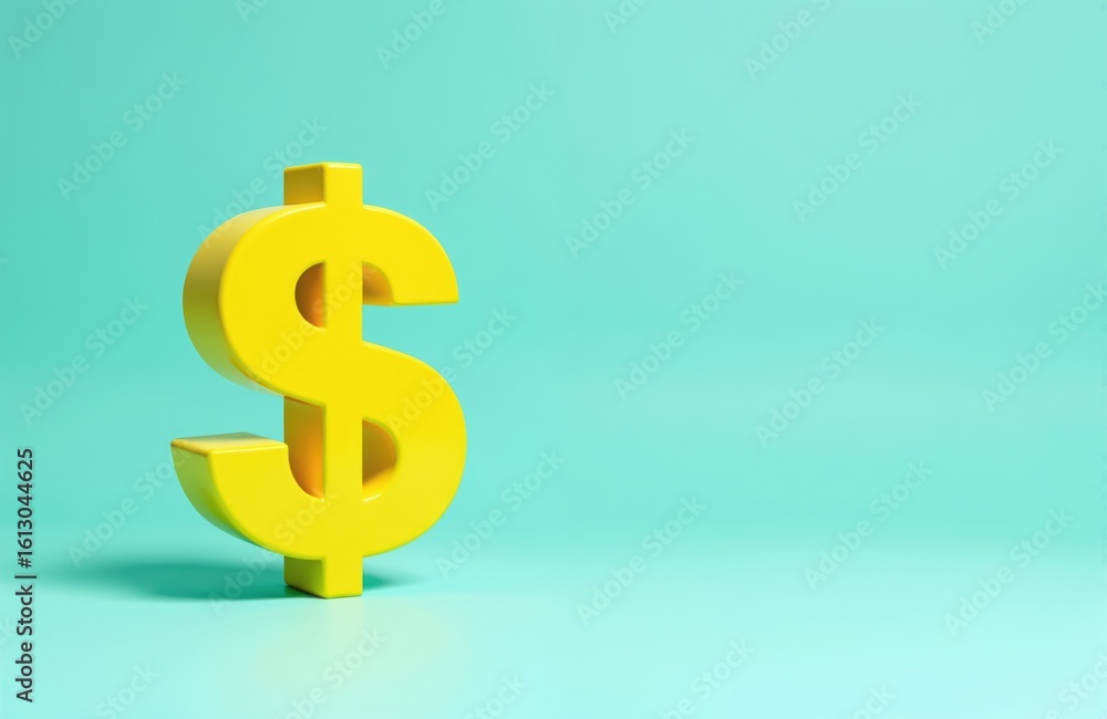 Vibrant blue backdrop contrasts with central yellow dollar sign tilted to left. Bright yellow stands out against blue background. Dollar sign positioned directly above light brown surface slightly Vibrant blue backdrop contrasts with central yellow dollar sign tilted to left. Bright yellow stands out against blue background. Dollar sign positioned directly above light brown surface slightly