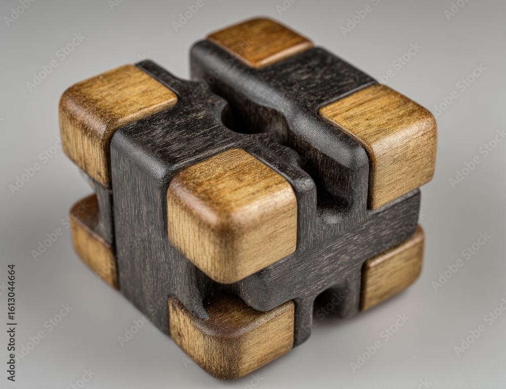 Interlocking wooden puzzle cube. Two tones, light and dark wood, rounded edges. Center hole in each face, complex assembly. Intricate, challenging, design Interlocking wooden puzzle cube. Two tones, light and dark wood, rounded edges. Center hole in each face, complex assembly. Intricate, challenging, design