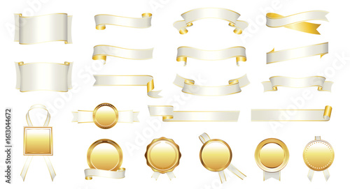 Elegant White and Gold Ribbon and Badge Set – Vector Decorative Elements for Awards and Celebrations

