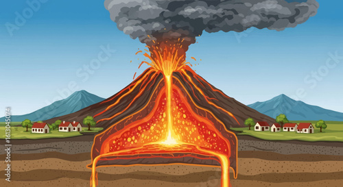 Cartoon volcano erupting with lava flow, smoke plume, and surrounding landscape