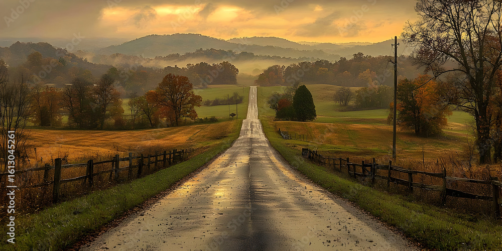 Obraz premium Autumnal Country Road Extends Through Misty Valley, Sunlight Filtering Through Clouds, Creating a Serene Landscape
