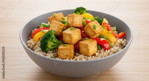 Bowl of brown rice with fried tofu and colorful vegetables