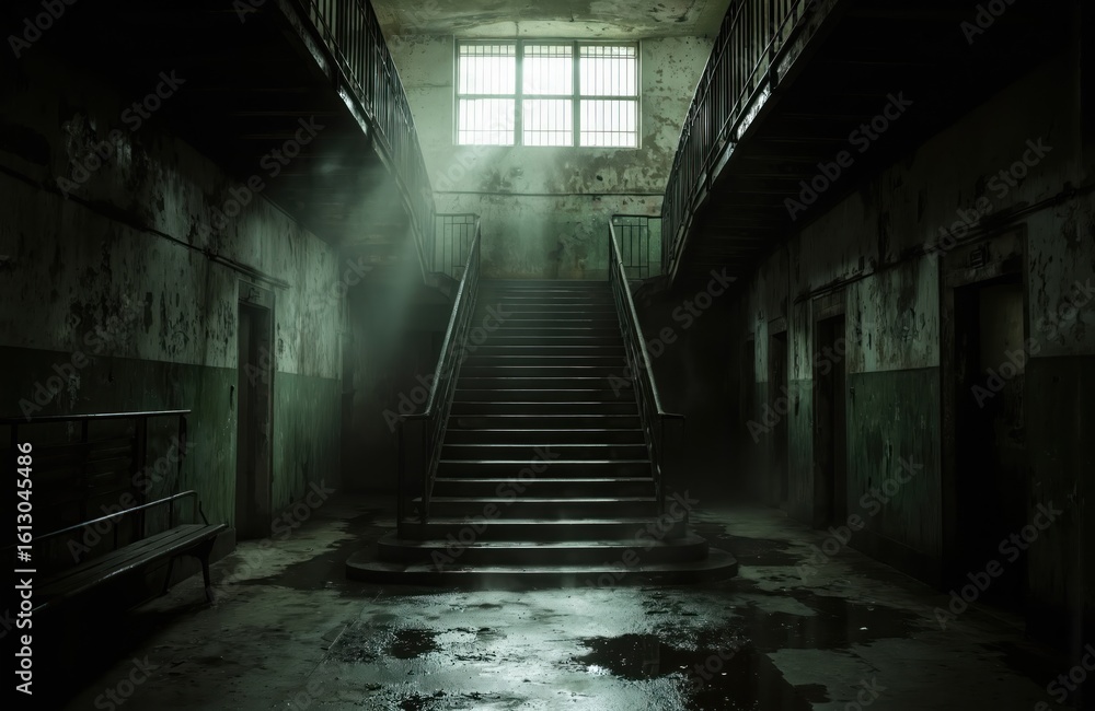 Fototapeta premium Dilapidated cell with dark gray walls, maze of staircases, fog creating eerie atmosphere, single light source at top of each staircase, leading downwards, solitary, abandoned, empty, no life signs.