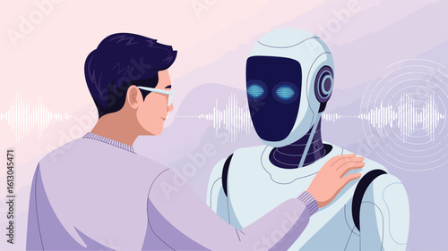 Humanoid robot with glowing blue eyes places hand on human shoulder, symbolizing communication, empathy, and futuristic human-AI bonds
