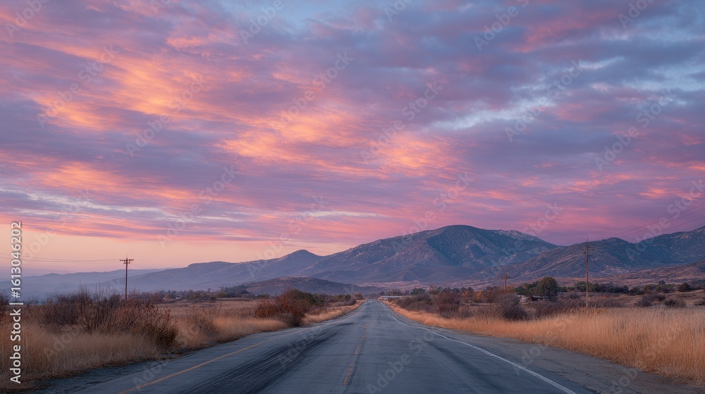 Fototapeta premium Open Road Leading To Mountains Under Vibrant Sunset Sky. Journey Into Nature'S Beauty