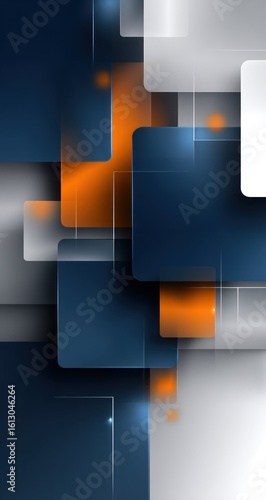 Overlapping squares in navy, orange, gray & white create a sleek, modern abstract design. Illuminated highlights & transparent overlays add depth