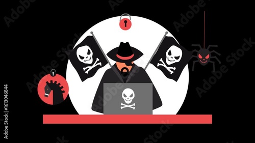 Cybercriminal in Pirate Attire Depicted with Laptop and Security Threat Symbols