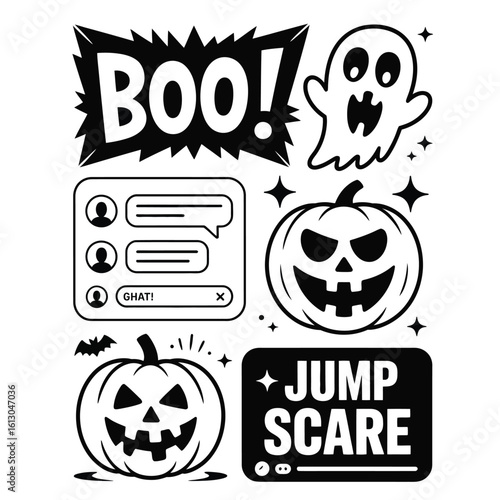 Live stream horror overlays with boo banner chat bubbles glitch ghost pumpkin reaction and jump scare counter black and white vector