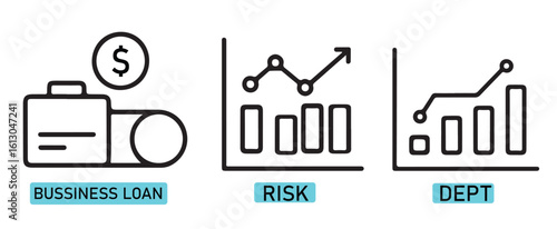 Business loan and risk and debt concept with line graphs and bar charts in black and white style icons