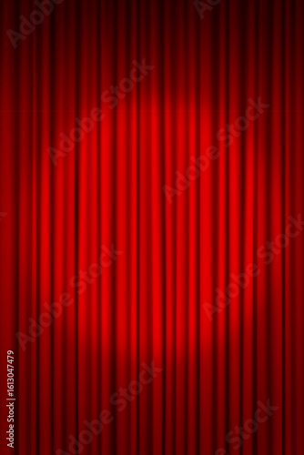 Spotlight on red closed theater curtain vertical background. Vector