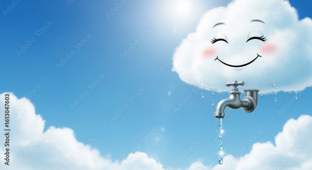 Happy Cloud's Hydration: A whimsical cloud, with a cheerful face, dispenses water from a faucet, bringing joy and refreshing hydration to the bright, clear sky. Happy Cloud's Hydration: A whimsical cloud, with a cheerful face, dispenses water from a faucet, bringing joy and refreshing hydration to the bright, clear sky.