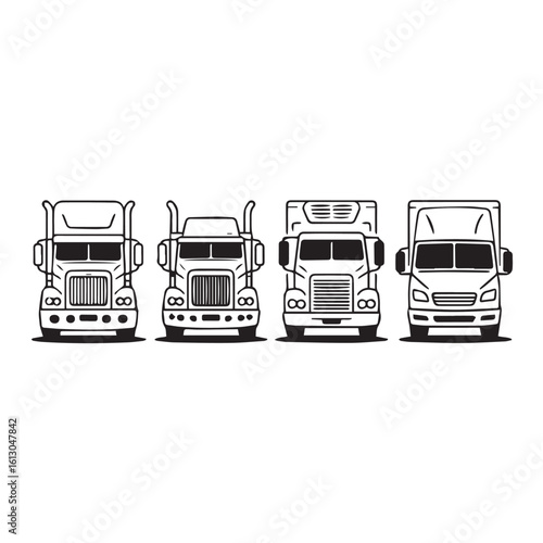 Heavy Duty Truck Front View Icon Collection – Commercial Transport Vehicles in Monoline Style