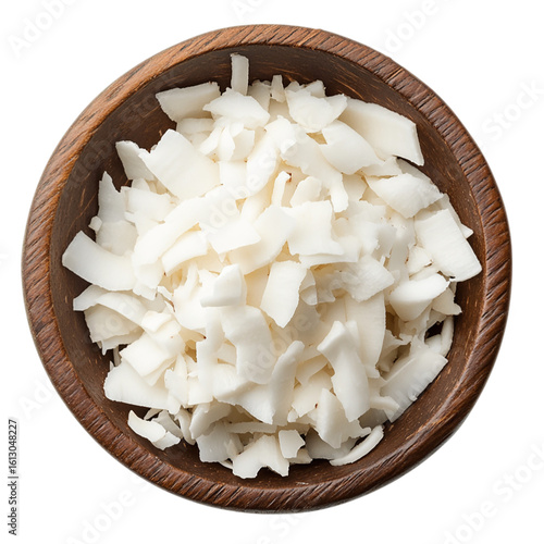 shavings of white desiccated coconut wooden bowl