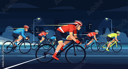 Cyclists racing at night, illuminated by streetlights, in a vibrant illustration.