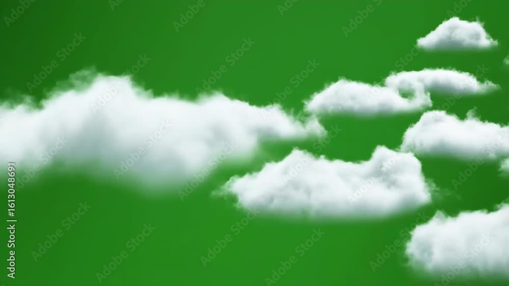White clouds floating across green screen background for chroma key effects and digital compositing, perfect for video editing and motion graphics