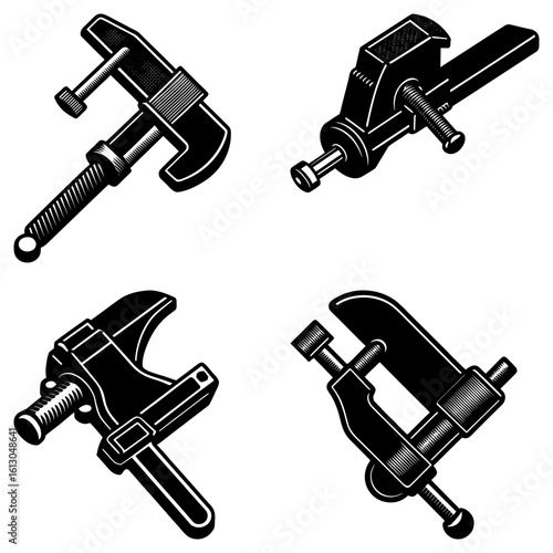 Illustration showcasing four different types of black and white clamps in a structured arrangement