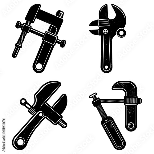 Illustration showing four different types of adjustable wrenches and clamps in a black and white style