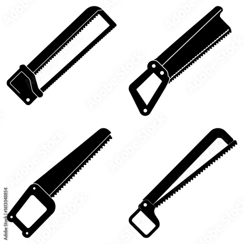 Four hacksaws arranged in a square pattern with varying handle and blade orientations in black and white